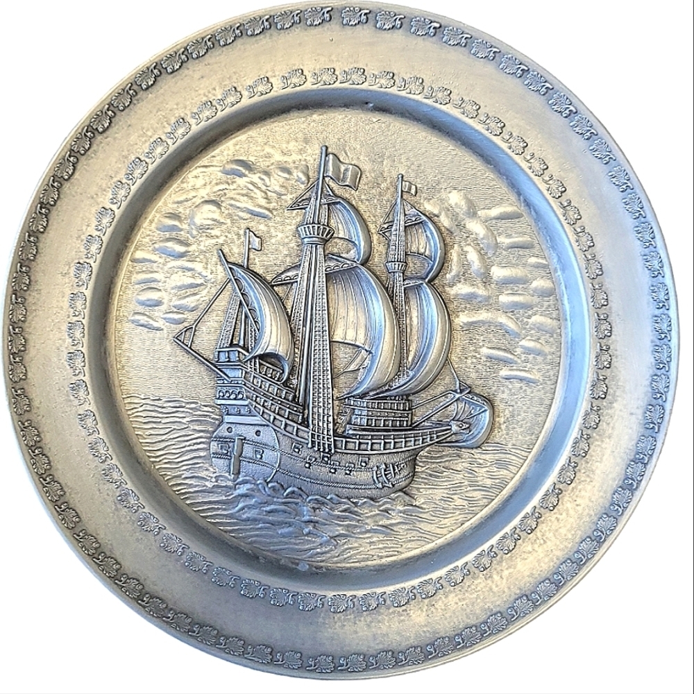 Vintage Frieling Zinn Pewter Plate, Spanish Galleon made in Germany 1970's